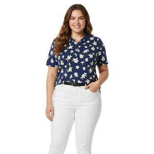 Croft & Barrow Navy Blue Yellow Floral 100% Cotton Soft Polo Shirt XL NWOT